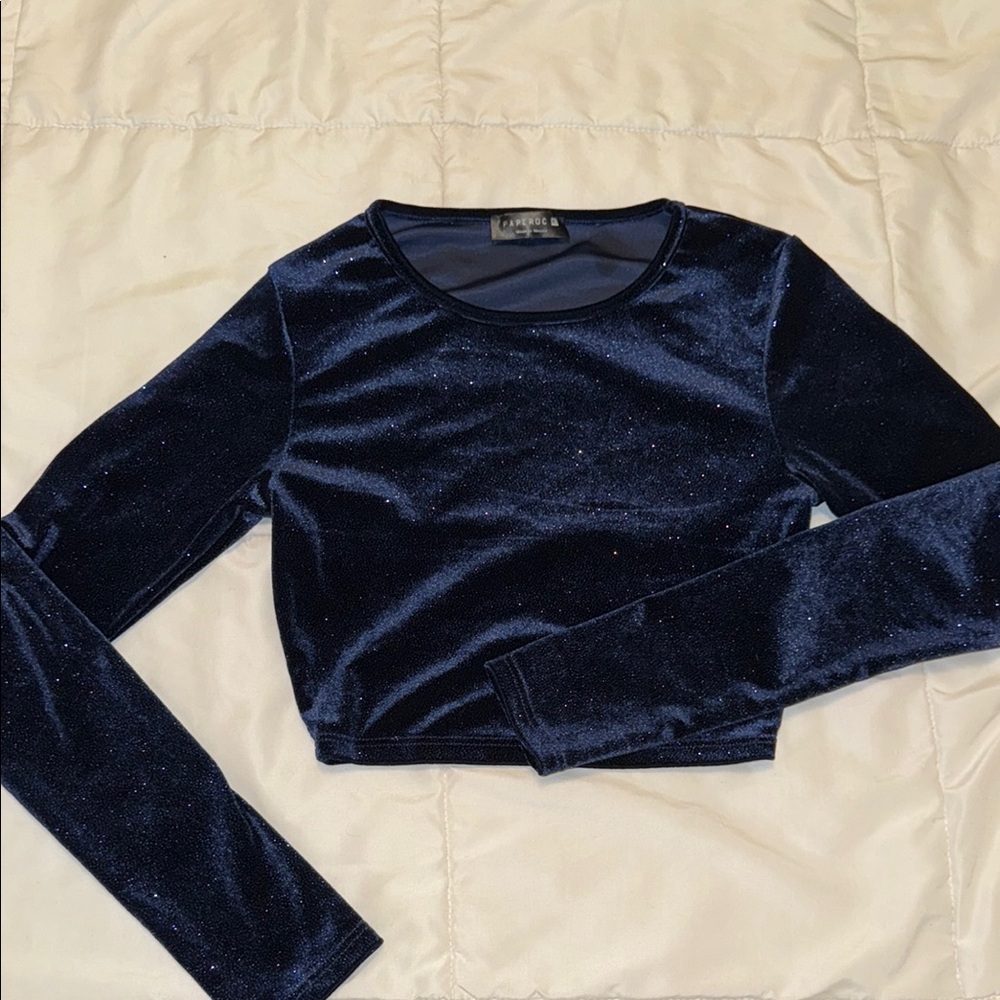 Navy Blue Velvet Long Sleeve Crop Top
